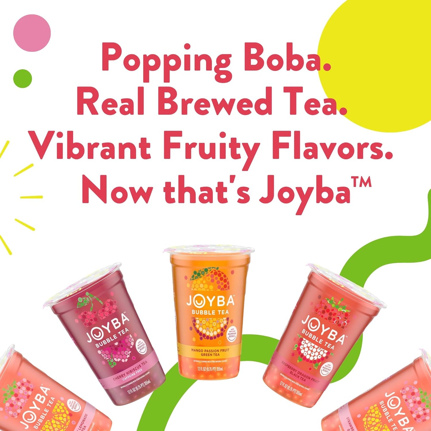 Joyba Bubble Tea Variety Pack, Mango Passion Fruit Green Tea & Raspberry Dragonfruit Black Tea with Popping Boba, 6 Pack, 12 fl. oz. Cups