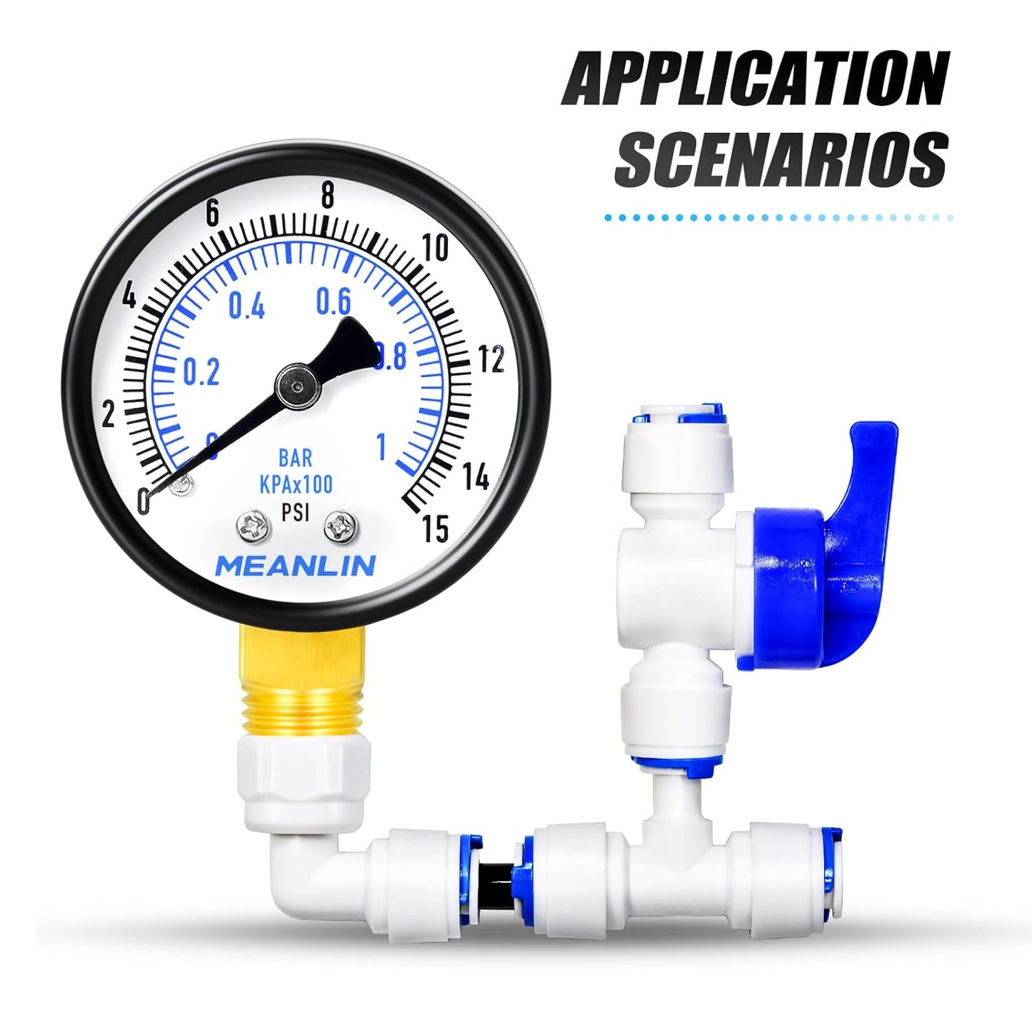 MEANLIN MEASURE 0-15Psi Well Pump Pressure Gauge 1/4" NPT 2" FACE DIAL for Water Oil Air Well Pump Tank Tire Pressure Test Lower Mount, with Teflon Tape