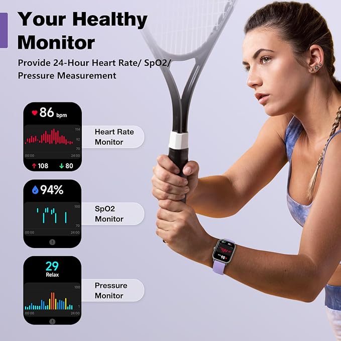 Smart Watch for Women Android iPhone Compatible, 1.8” Touchscreen,Bluetooth Call,24/7 Heart Rate, SpO2 Monitor, Step Counting, Sleep Tracking, IP68 Waterproof Activity Tracker and Smartwatch(Purple)