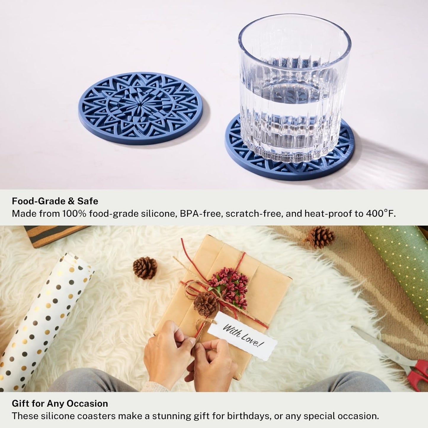 Set of 6 Navy Silicone Coasters with Holder, Drink Coasters with Tribal Pattern Shape- for Table Protection, Anti Slip, Nonstick, Heat Resistant, Deep Tray