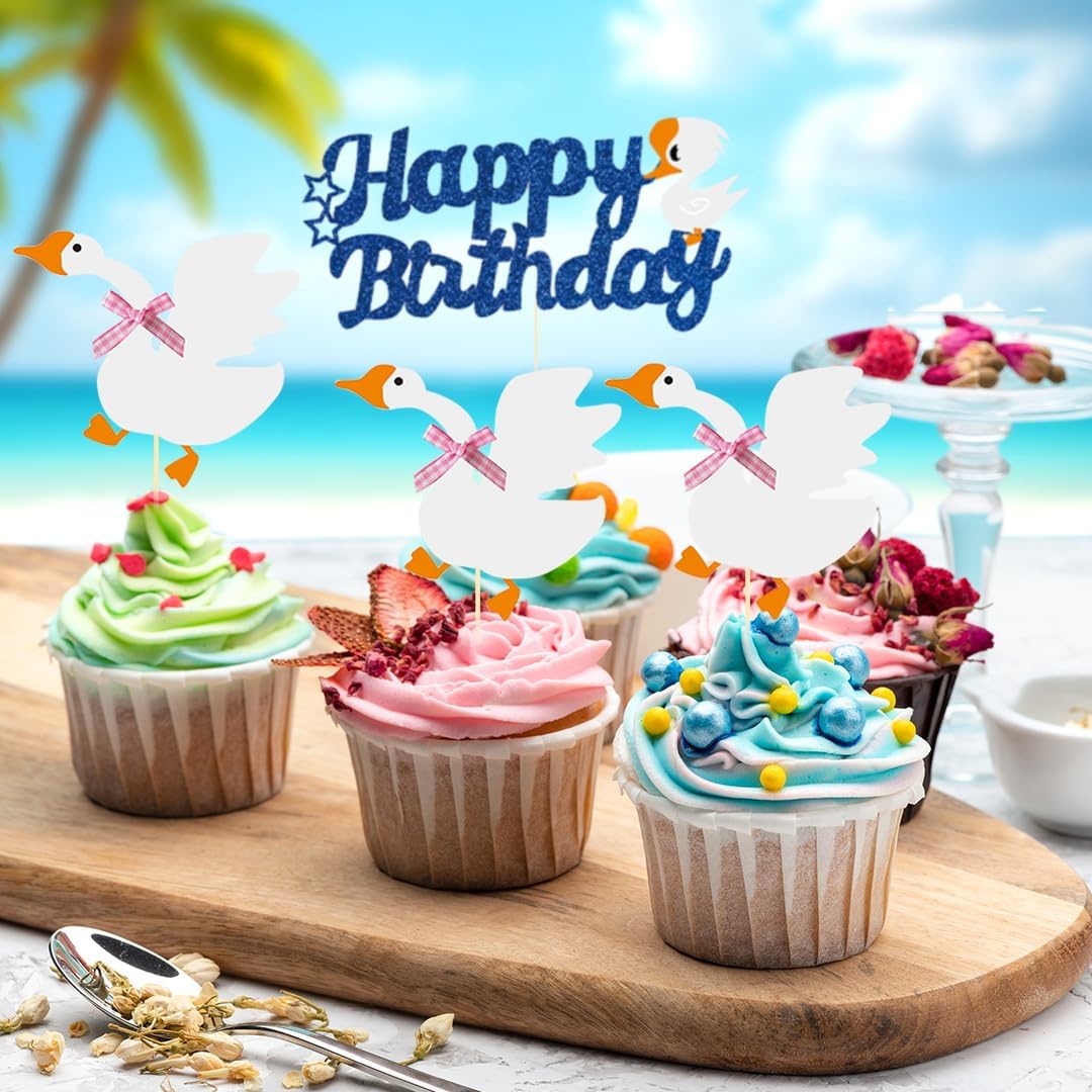 12PCS Silly Goose Cupcake Toppers, Funny Goose Birthday Cake Decorations White Goose Baby Shower Theme Decorations Party Supplies for Baby Boy Girls Birthday Party Decorations
