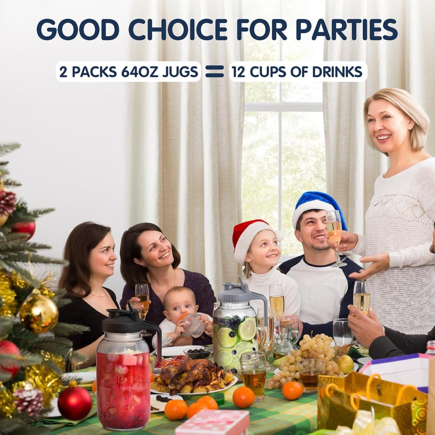 64OZ Glass Pitchers with Lid, Wide Mouth Water Jugs, Leak-Proof Airtight Mason Jars for Cold Brew Coffee, Iced tea, Milk, Food Storage, Sun Tea Jar,Set of 2.