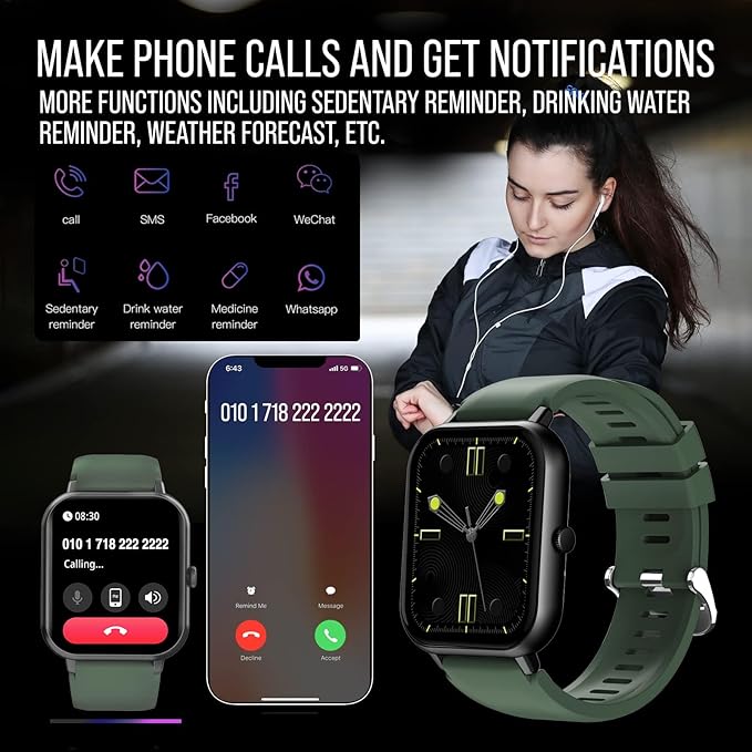 Smart Watch (Answer/Make Calls) 1.83" Fitness Tracker Heart Rate Blood Pressure Oxygen Sleep Monitor 200 Sport Modes Step Calories Trackers IP67 Waterproof Android iPhone Women Men (Green)