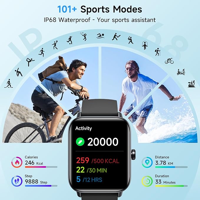 Smart Watches for Men, Alexa Built-in, 1.8" Smartwatch with Heart Rate/SpO2/Sleep/Stress, IP68 Waterproof Fitness Tracker with Bluetooth Call (Answer/Make), 101+ Sports Modes, for Android & iPhone