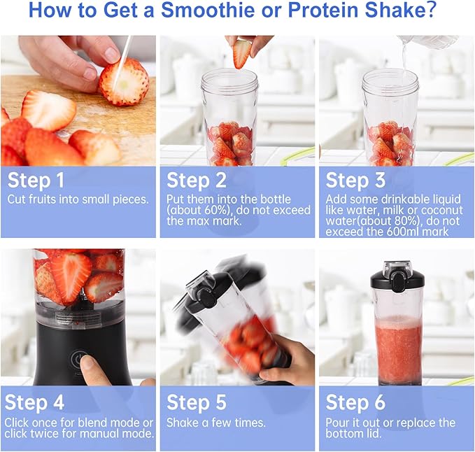 Small Personal Portable Blender for Smoothies and Protein Shakes, Smoothie Blender for Kitchen with 600ml Mixer Bottle Shaker for Home Gym, Kitchen Gadgets Juicer Machines for Fruit and Vegetable