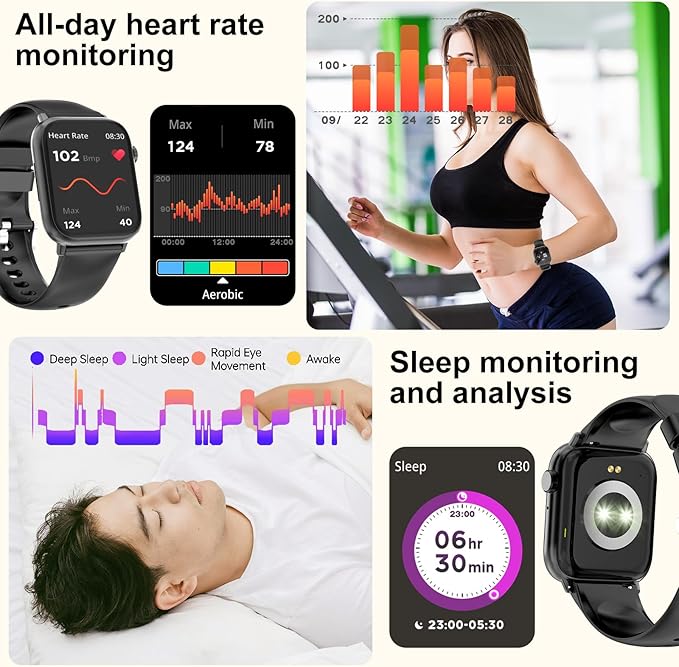 Smart Watch for Man Women Answer/Make Call, Fitness Watch with 120+ Sport Modes, IP67 Waterproof, Heart Rate/Sleep Tracker/Step Tracker/Blood Pressure Health Watch for Android iOS Phone (Black)