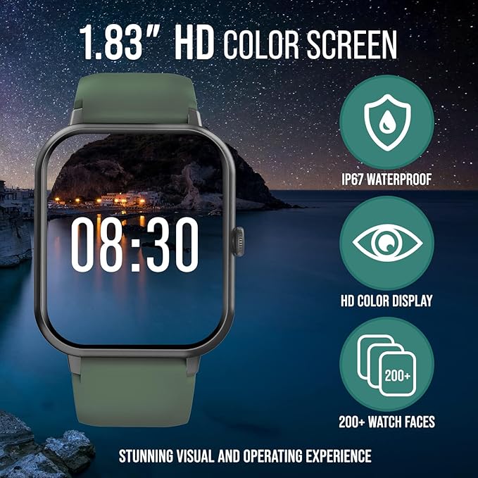 Smart Watch (Answer/Make Calls) 1.83" Fitness Tracker Heart Rate Blood Pressure Oxygen Sleep Monitor 200 Sport Modes Step Calories Trackers IP67 Waterproof Android iPhone Women Men (Green)