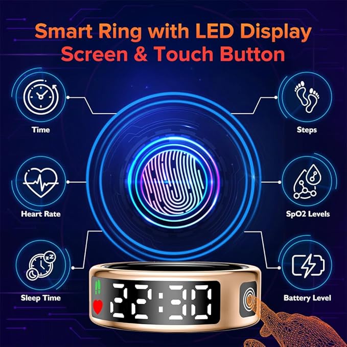 Smart Ring for Women Men with LED Display Screen & Touch Button, IP68 Waterproof Health Ring, Bluetooth Connection Health Tracker Ring Tracks Sport Activities/Heart Rate/Blood Oxygen/Sleep/Steps