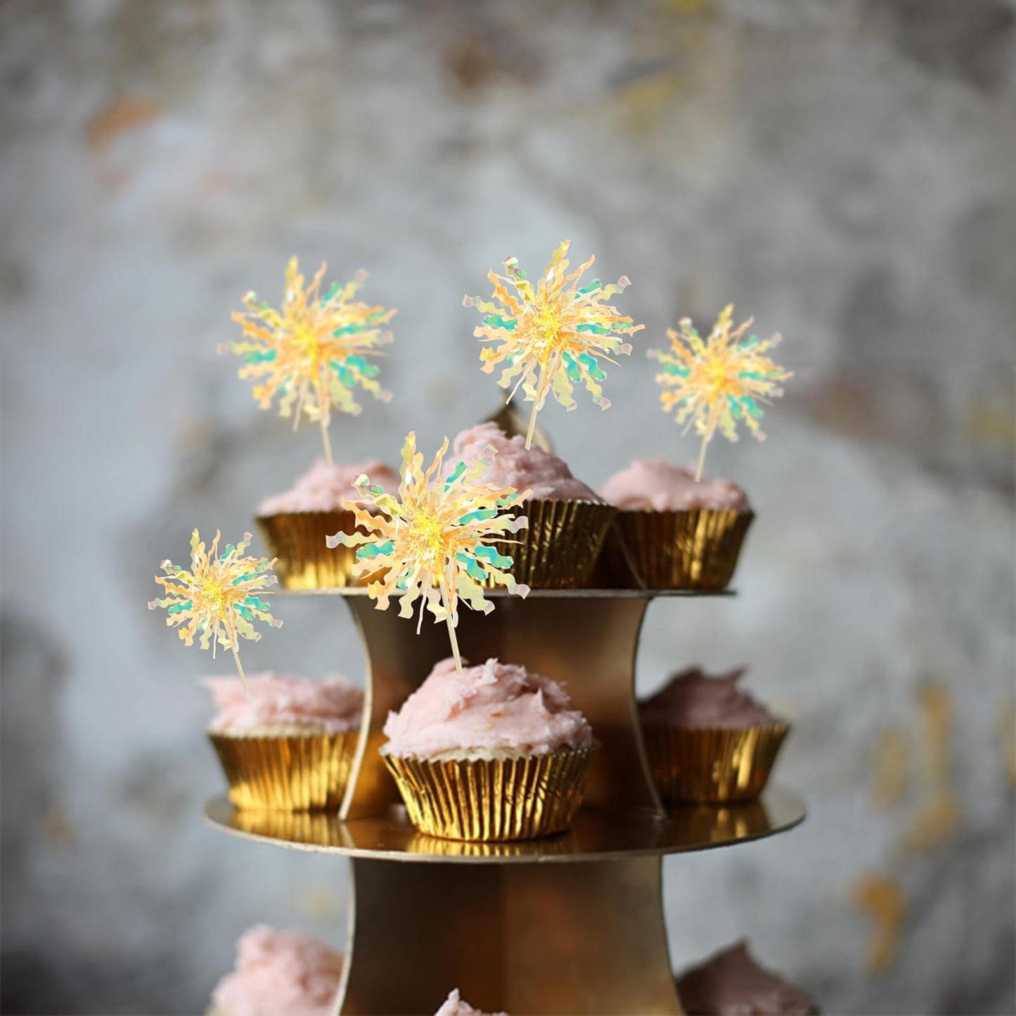 Gyufise 20Pcs Foil Firework Cupcake Toppers Happy Birthday Cake Toppers Tinsel Flower Drink Stirrers Cocktail Food Fruit Toothpicks for Valentine's Day Party Birthday Wedding Supplies Yellow