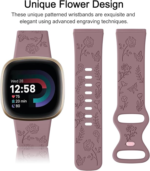 AK Floral Engraved Band Compatible with Fitbit Sense 2 / Sense Bands/Fitbit Versa 4 / Versa 3 Bands Women Men, Soft Sport Replacement Wristbands for Fitbit Sense 2 / Sense/Versa 4 / Versa 3 Smart Watch