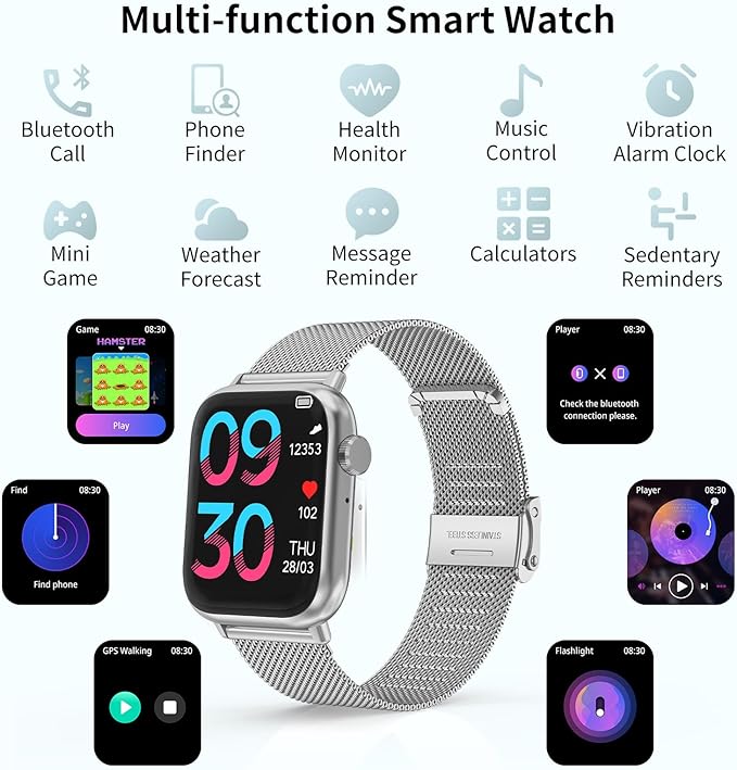 Smart Watch for Man Women Answer/Make Call, Fitness Watch with 120+ Sport Modes, IP67 Waterproof, Heart Rate/Sleep Tracker/Step Tracker/Blood Pressure Health Watch for Android iOS Phone (Silver)