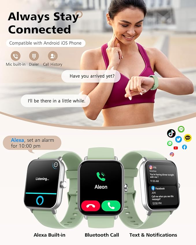 Smart Watch, Compatible with iPhone 9.0 or Above and Android 6.0 or Above, 45mm Men's and Women's Watch, Smartwatch Fitness Tracker, Fits Wrists 5.8-8.7 Inches (160-230mm), Waterproof, Green