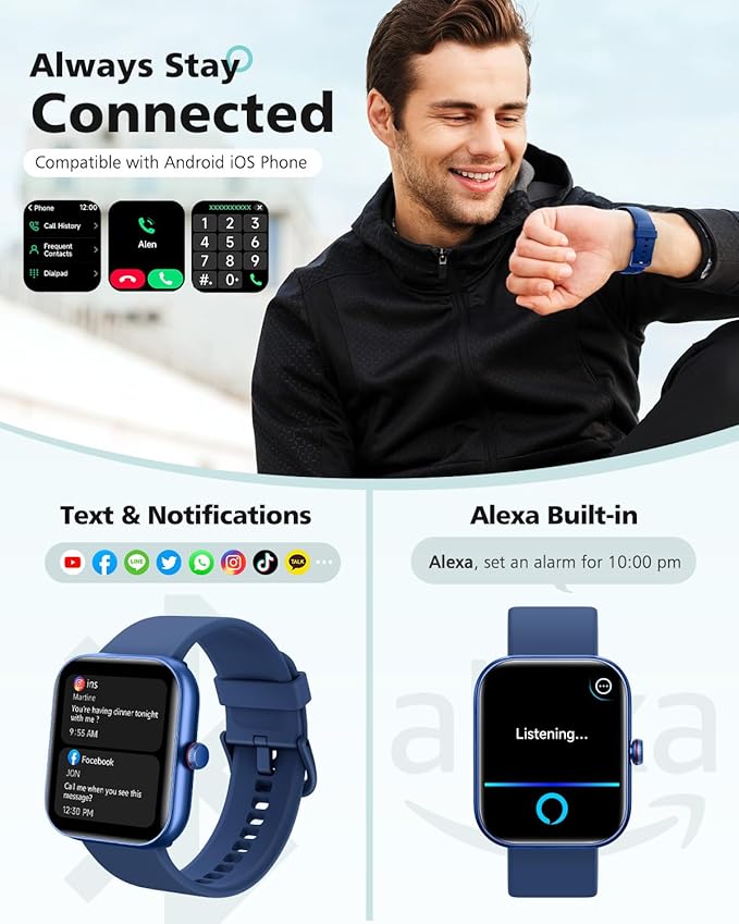 Smart Watch for Women and Men, Android & iPhone Compatible, Fitness Watch Bluetooth Call & Receive Text, Smartwatch with Alexa, Fits Wrists 6.5-9.2 Inches, Waterproof, Blue