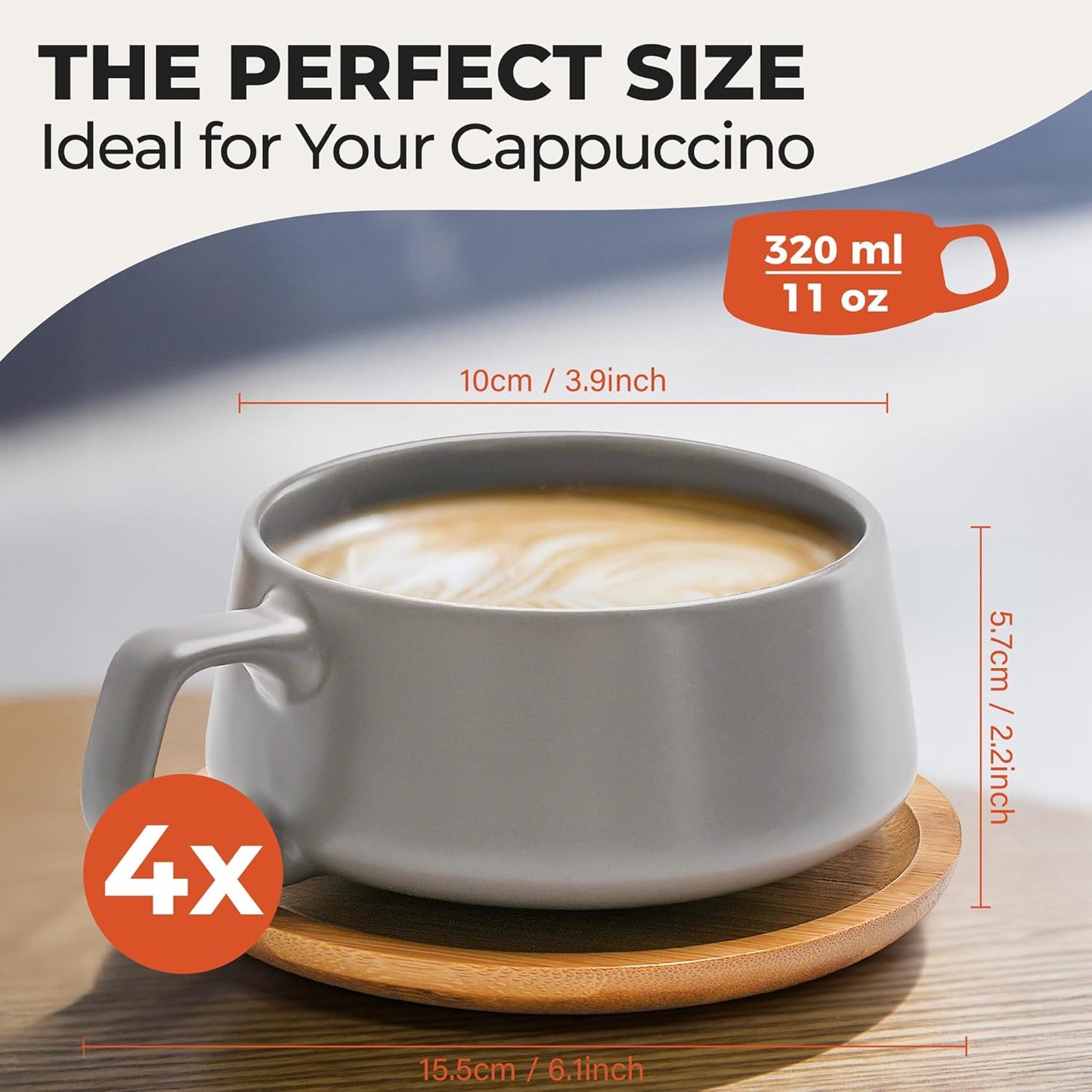 MIAMIO β 11 Oz., Set of 4 Ceramic Tea Cup and Saucer Bamboo/Tea Mug - Wide Cappuccino Cup, Coffee Cups Ceramic Mug for Cappuccino, Latte, Espresso & Americano - Luxe Collection (Classic Pastel)