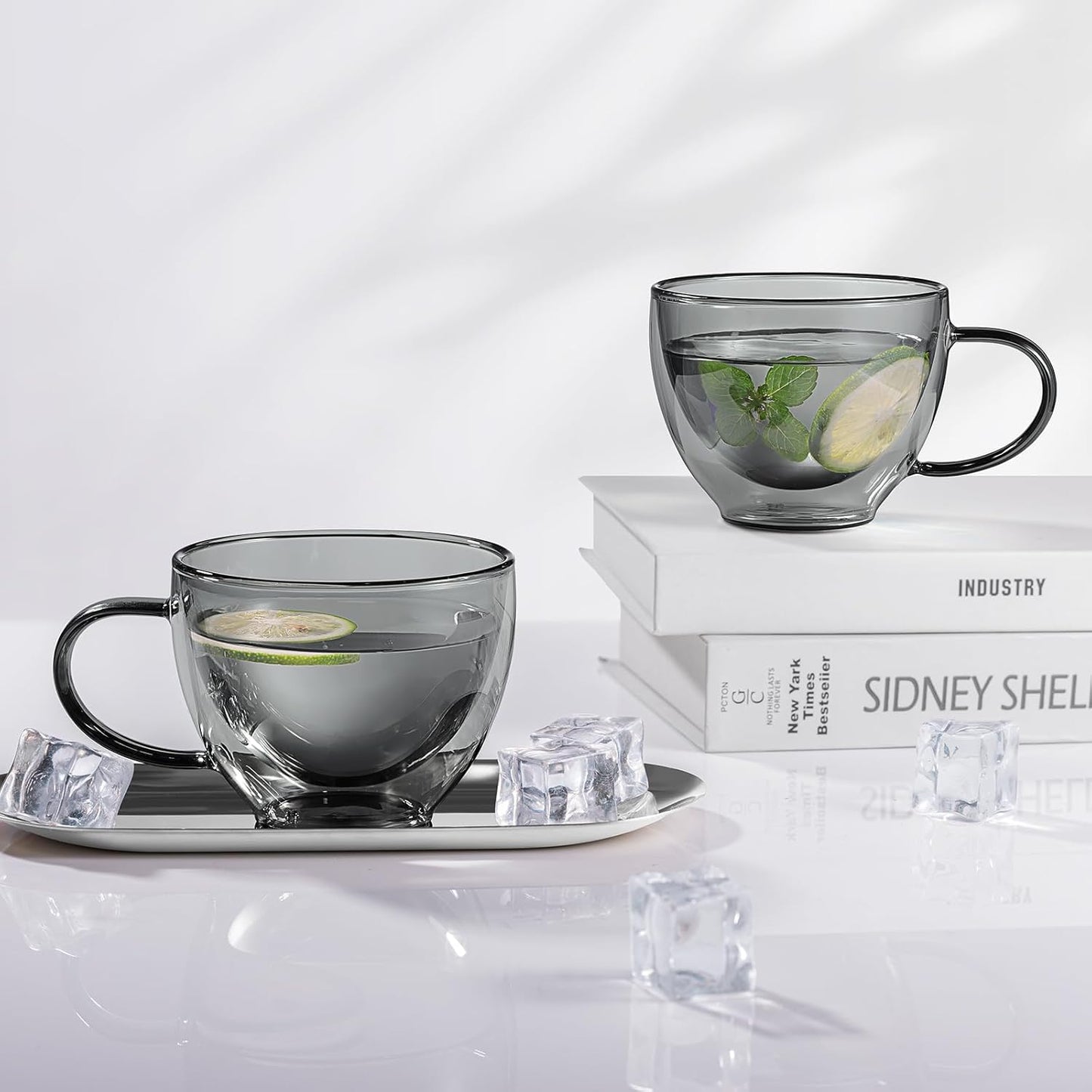 ecooe Black Double Walled Glass Coffee Mug 12 oz Latte Cappuccino Cups Set of 2 Coffee Cups with Handle, Heat Resistant Double Wall Glass Cup for Tea Milk Juice Ice Cream, Birthday Gifts for Mum Dad