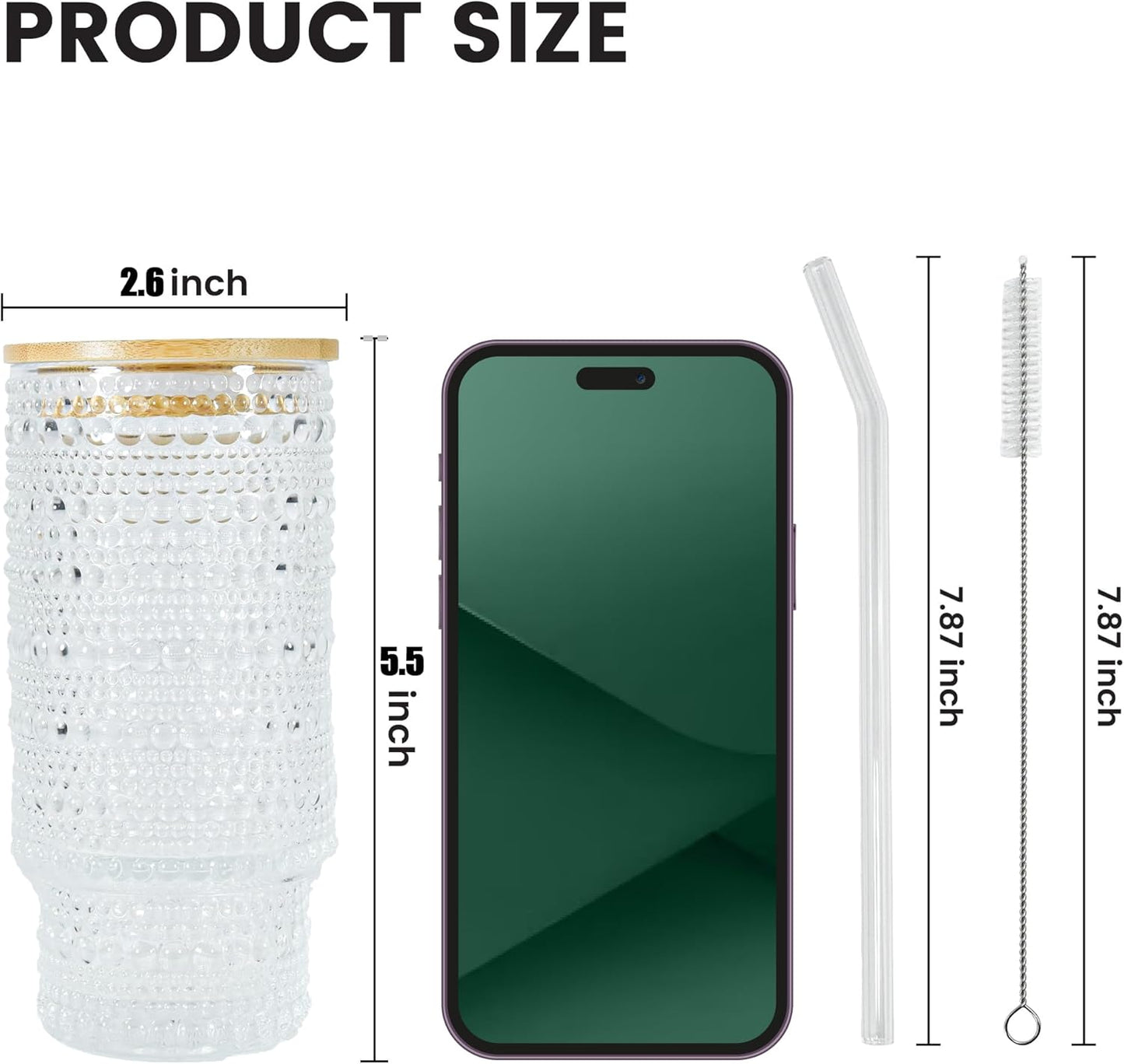 11 oz Drinking Glasses Cups Set of 2 with Bamboo Lids Straws Brush Vintage Small Glassware Set for Mojito Iced Coffee Cocktail Whiskey(Ribbed & Hobnail)