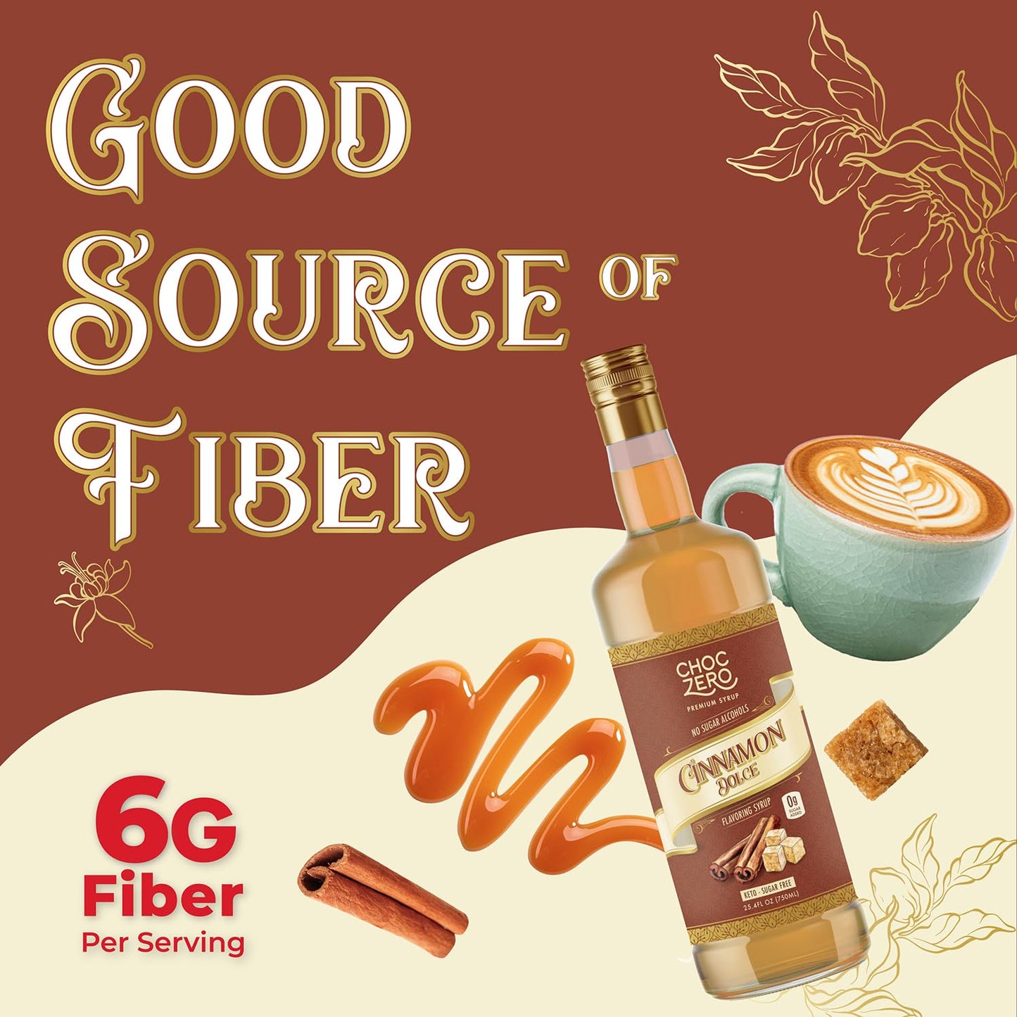 ChocZero Sugar Free Coffee Syrup, Cinnamon Dolce Flavor, Simple Syrup Drink Mix, Brown Sugar Latte, Protein Shakes & Baking, Gluten Free, All Natural, 25.4 Ounces (Pack of 1)