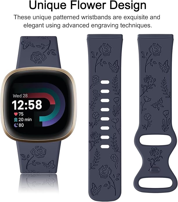 AK Floral Engraved Band Compatible with Fitbit Sense 2 / Sense Bands/Fitbit Versa 4 / Versa 3 Bands Women Men, Soft Sport Replacement Wristbands for Fitbit Sense 2 / Sense/Versa 4 / Versa 3 Smart Watch