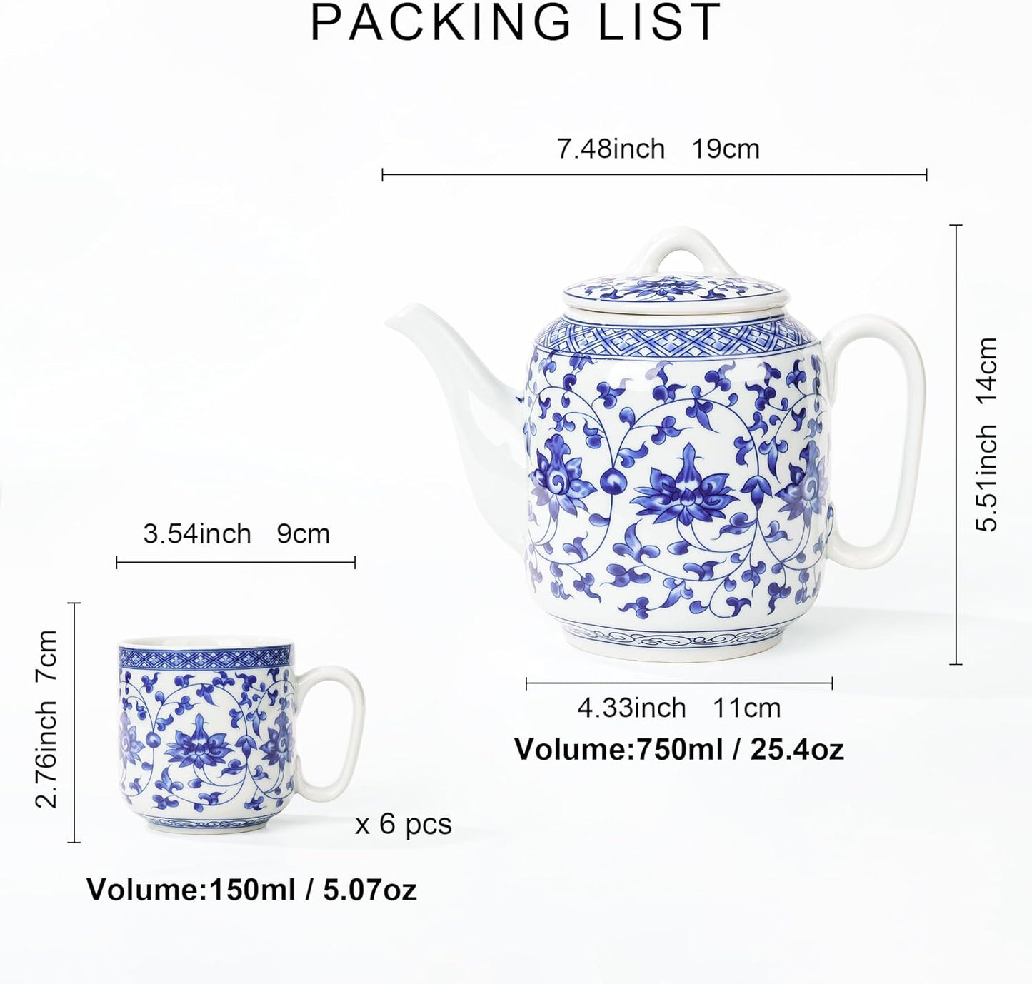 fanquare Chinese Blue and White Porcelain Teapot Set Traditional Kung Fu Tea Sets with 6 Cups for Loose Leaf Tea Adults