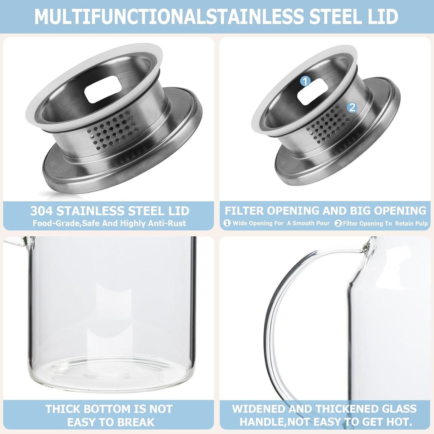 Yirilan Glass Pitcher, 2.6 Liter Water Pitcher with Lid, Large Juice Pitchers for Drinks, Glass Water Carafe, Glass Tea Jug, Beverage Pitchers