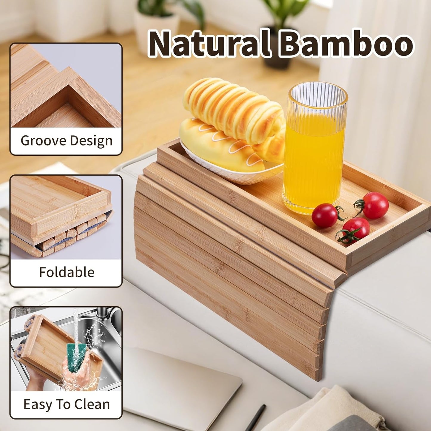 Bamboo Sofa Arm Tray Foldable Couch Arm Tray Anti-Slip Armrest Cup Holder For Couch For Drinks Snacks Phone Remote