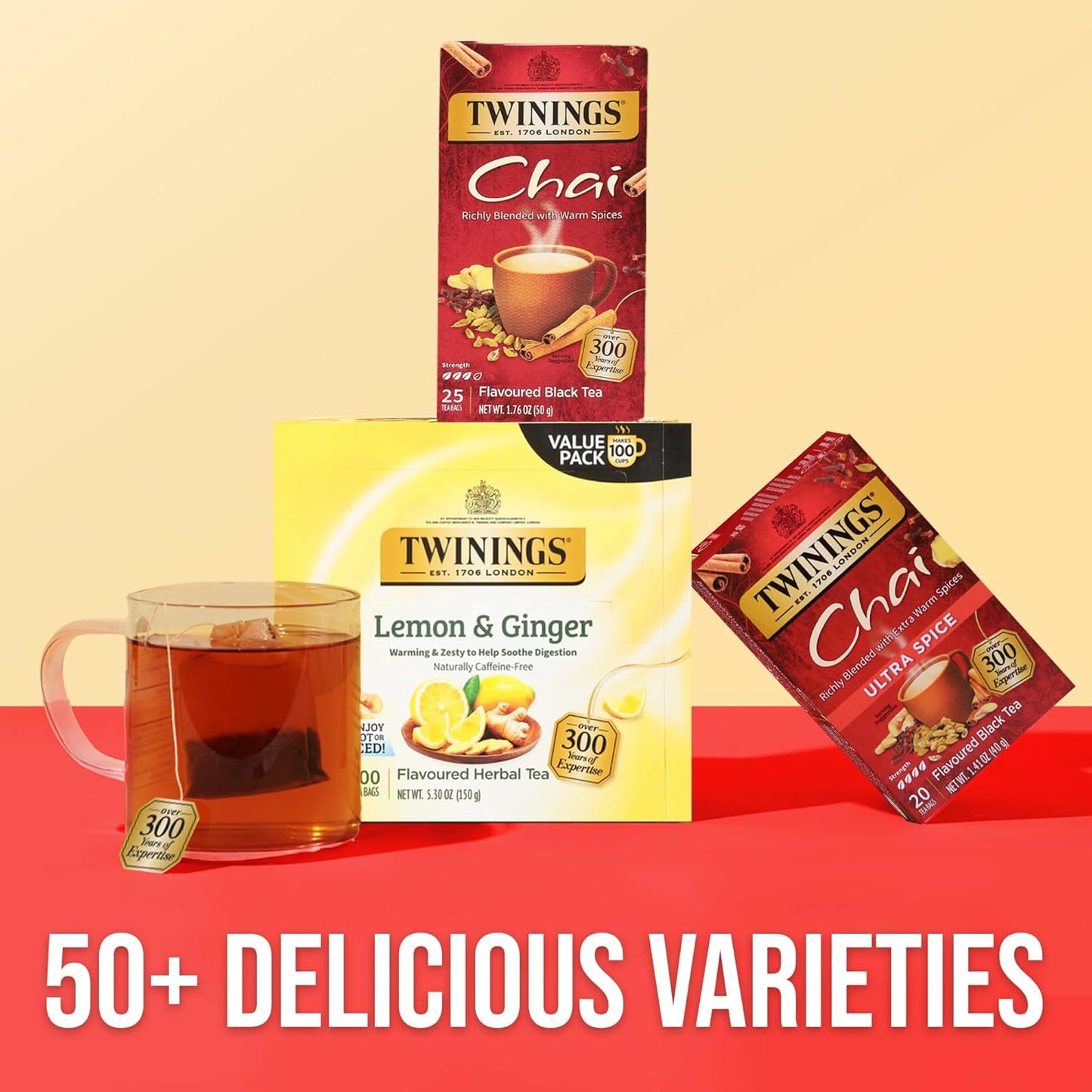 Twinings Chai Black Tea Individually Wrapped Bags, 25 Count (Pack of 6), Sweet, Savoury Spices, Caffeinated, Enjoy Hot or Iced, 150 Teabags