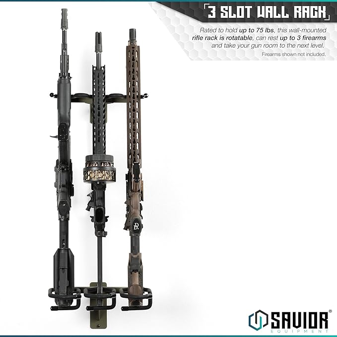 Savior Equipment Wall-Mount Rifle Rack Tactical Shotgun Carbine Firearm Free-Standing Gun Display Indoor Storage Rack - Heavy Duty Steel, Wide Angle Adjustment, 3-Slot Holds up to 75 Lbs
