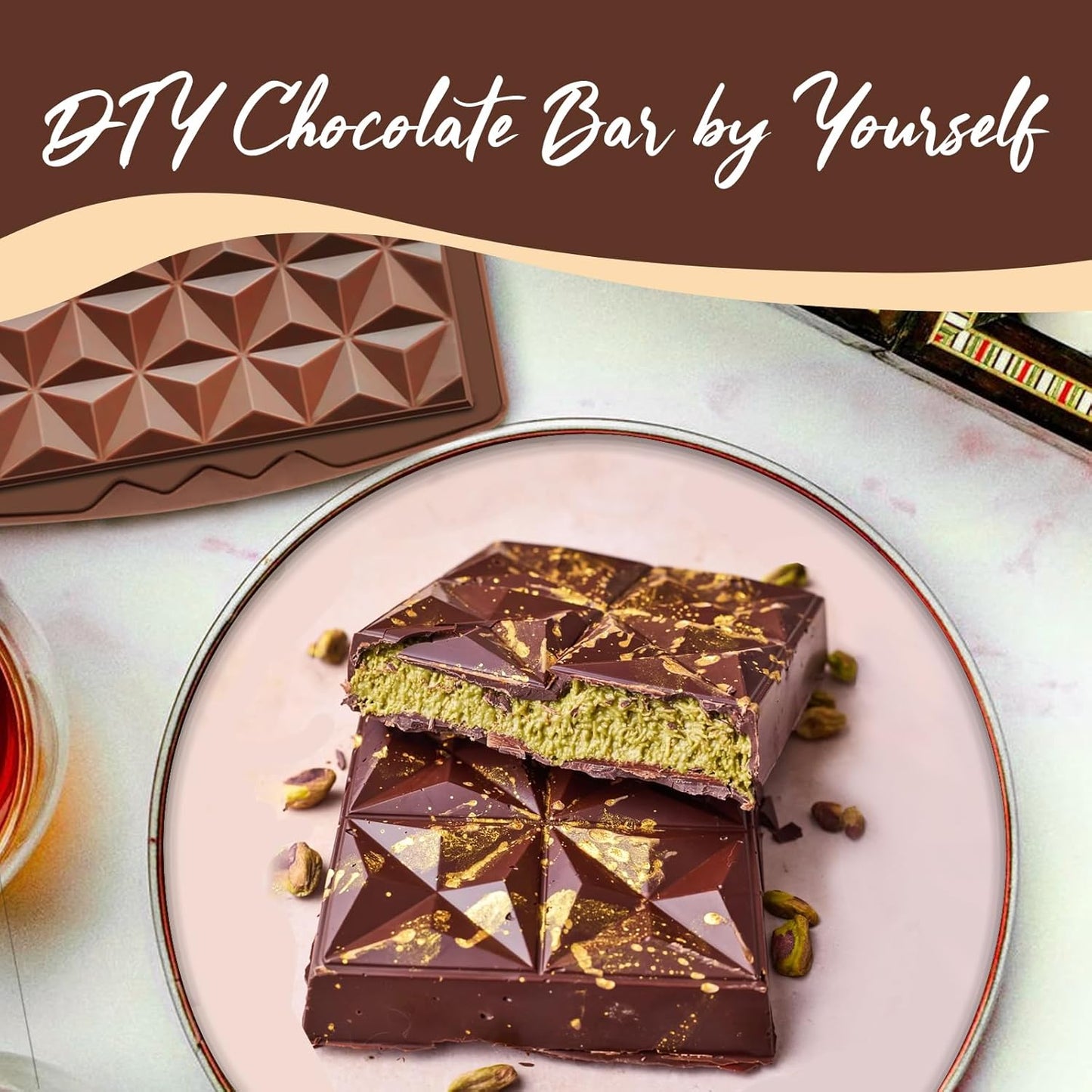 HKNMTT Chocolate Bar Mold Silicone, Large Stuffed Dubai Pistachio Deep Bar Moulds Kit 0.85 Inch Thick Big, Ideal for Homemade Making Candy Bar Bpa Free DIY Diamond Grid