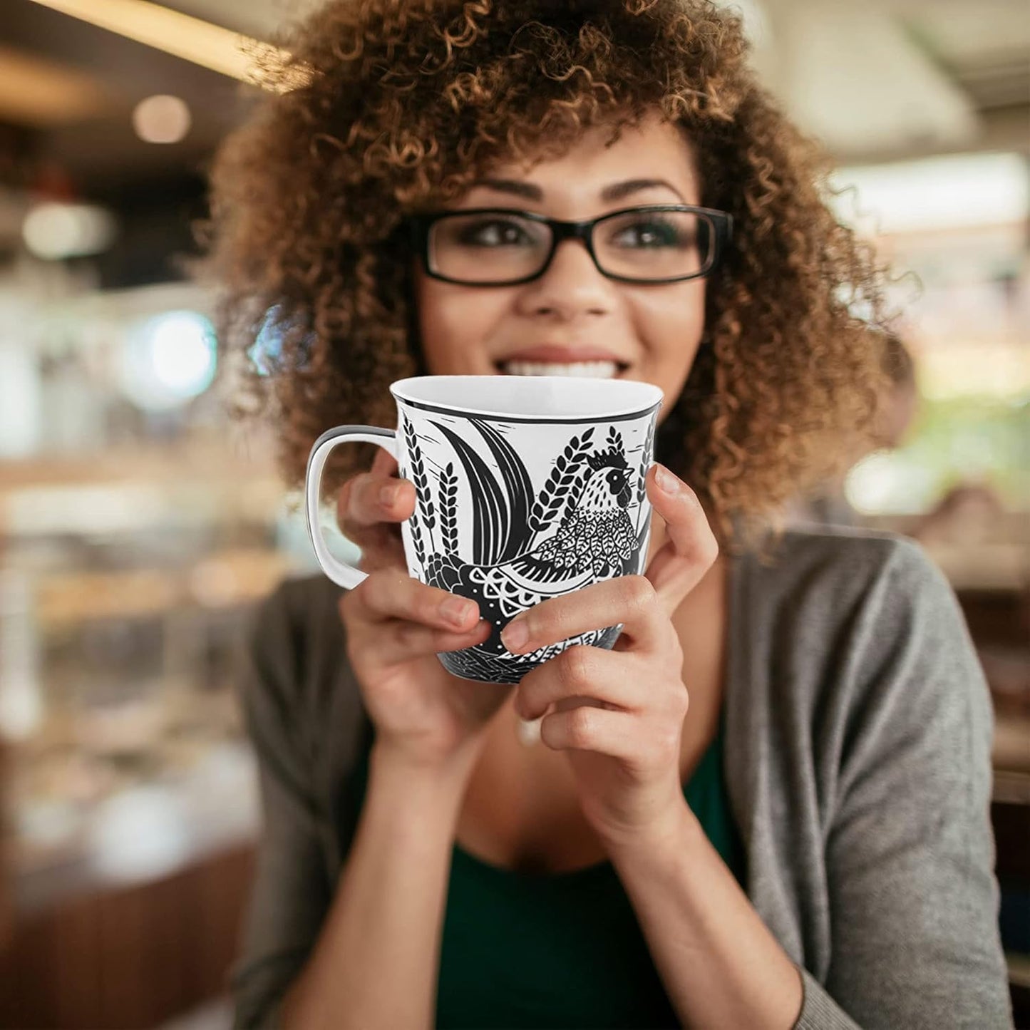 Karma Gifts 16 oz Black and White Boho Mug Rooster - Cute Coffee and Tea Mug - Ceramic Coffee Mugs for Women and Men