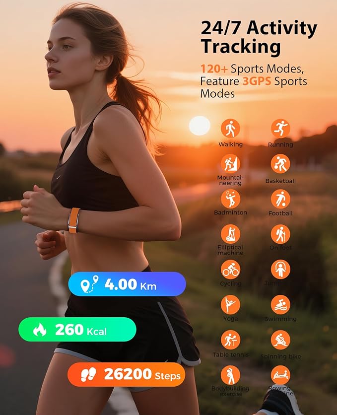 Smart Bracelet, Wearable Activity & Fitness Tracker Band, 24H Sleep Tracker, All-Day Continuous Heart Rate Blood Pressure Stress HRV Monitor, 120+ Sport Modes Smart Wristband with 2 Bands, Free APP