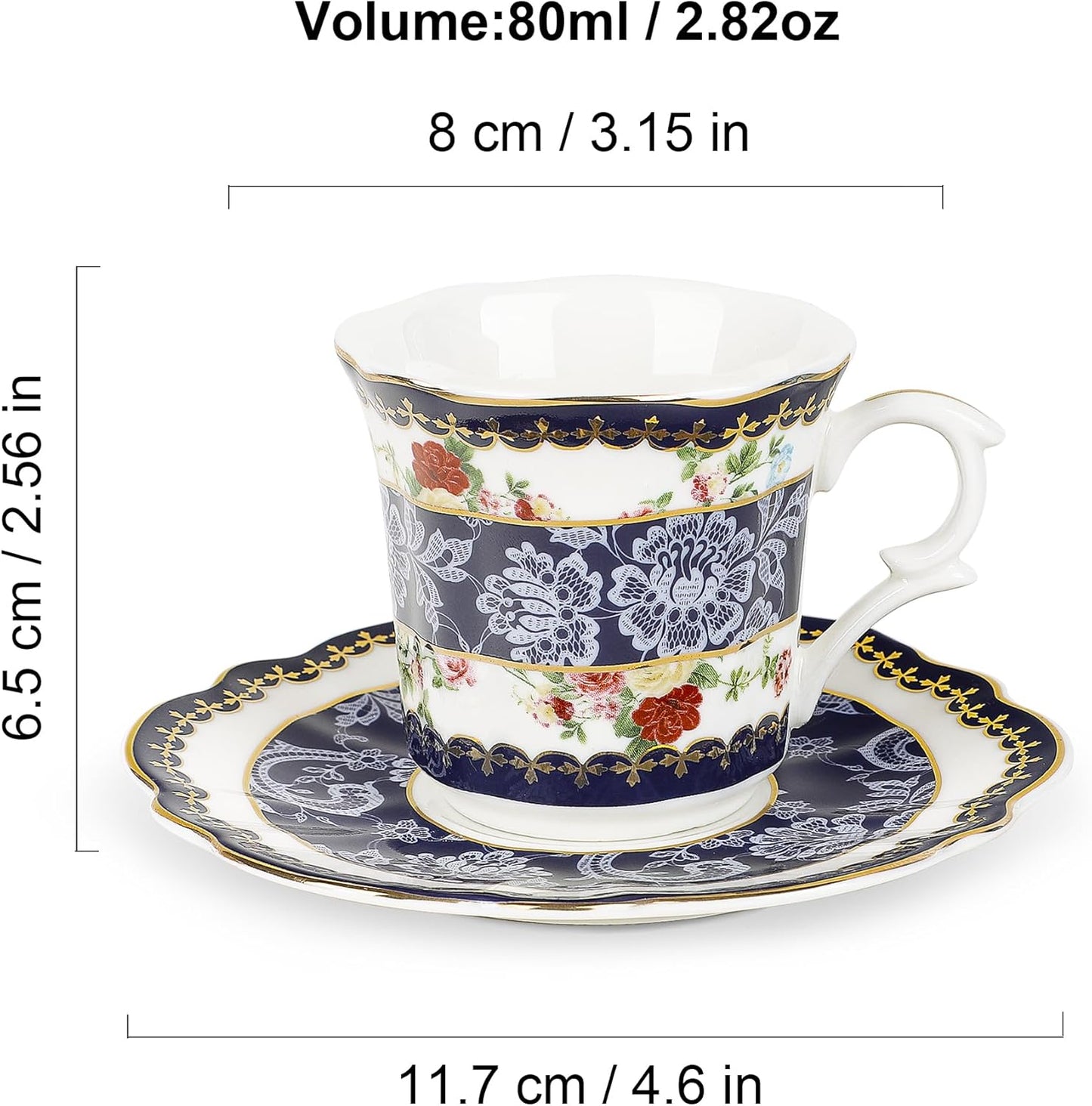 fanquare 2.5 Ounce Espresso Cups Set of 6, 12 Pieces Ceramic Demitasse Cup and Saucers, Blue Lace Pattern Espresso Mugs for Coffee Bar Home