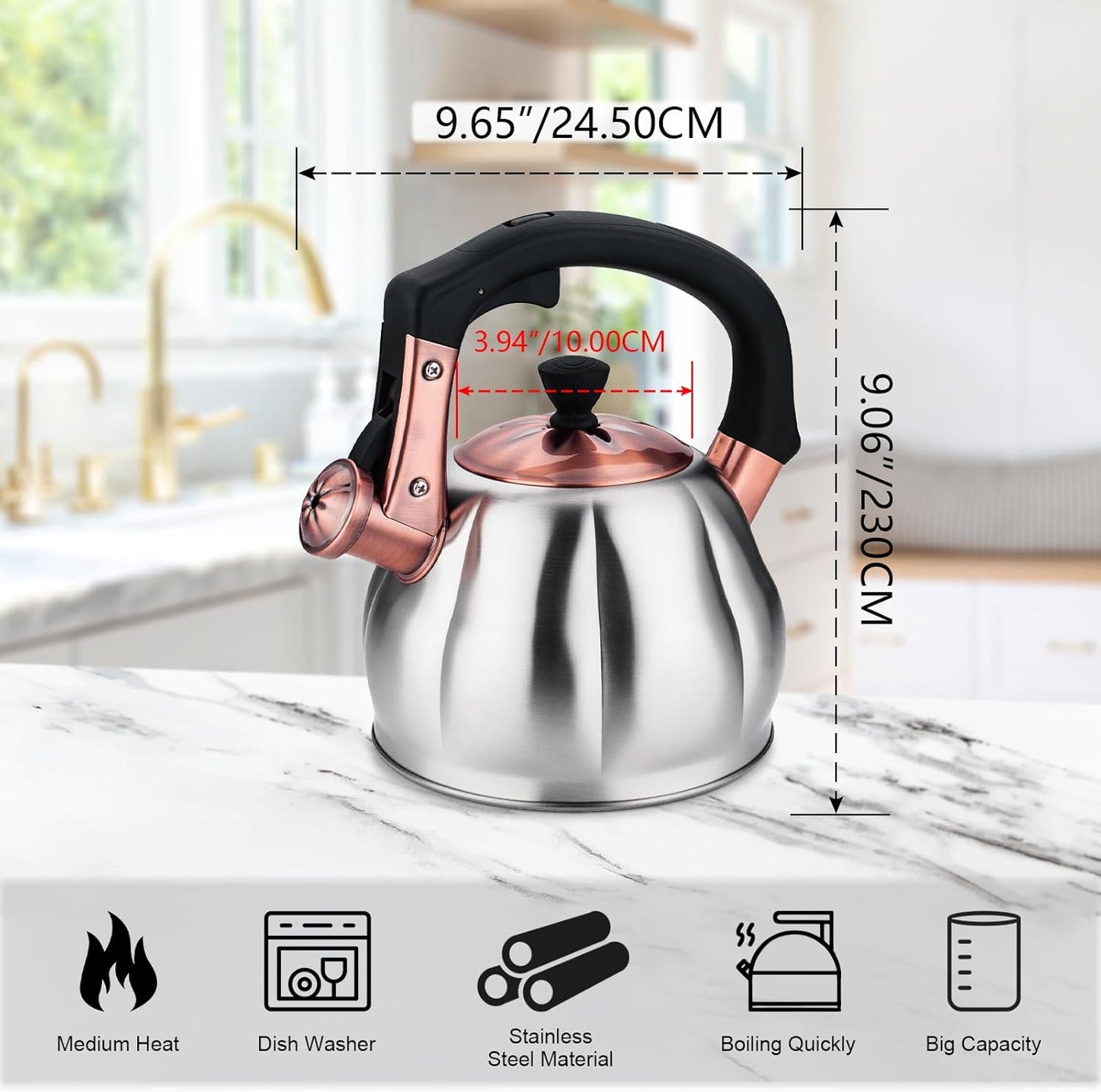 Stainless Steel Tea Kettle for Stove Top Teakettles Stovetop Whistling with Heat Proof Ergonomic Handle 2.5 Quart