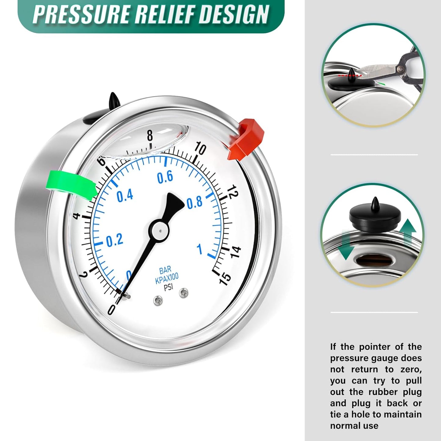 0-15psi Stainless Steel Glycerin Liquid Filled Pressure Gauge 1/4" NPT 2.5" Face Dial Center Back Mount, for Water, Oil and Air Pressure Testing (with Range Mark Pointer)