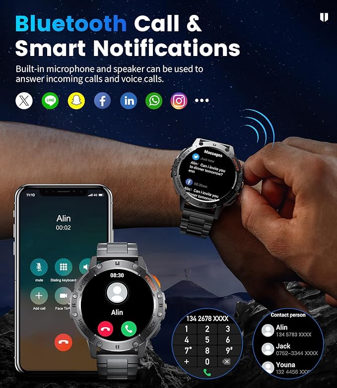 Smart Watches for Men for Android/iPhone(3 Straps),1.43’’ Amoled Display Sport Watch with 123 Sport Modes/FlashLight,5ATM Waterproof Fitness Tracker with Blood Pressure /Heart Rate/Sleep Monitor,Metal