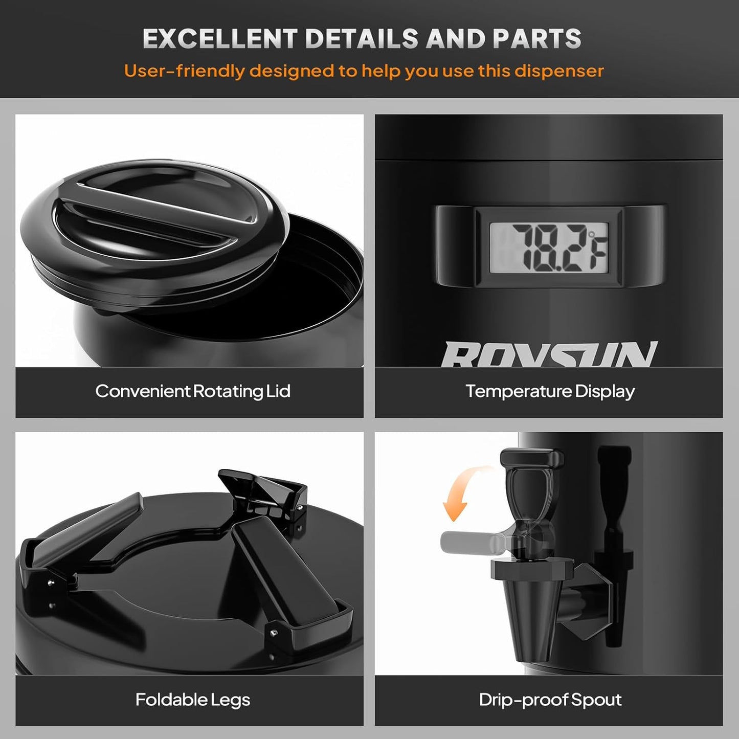 ROVSUN 4.8 Gallon Insulated Beverage Dispenser, Stainless Steel Hot and Cold Drink Dispenser, Ice and Hot Drink Server w/Spigot, Hot and Cold Beverage Server for Coffee, Tea, Milk & Juice