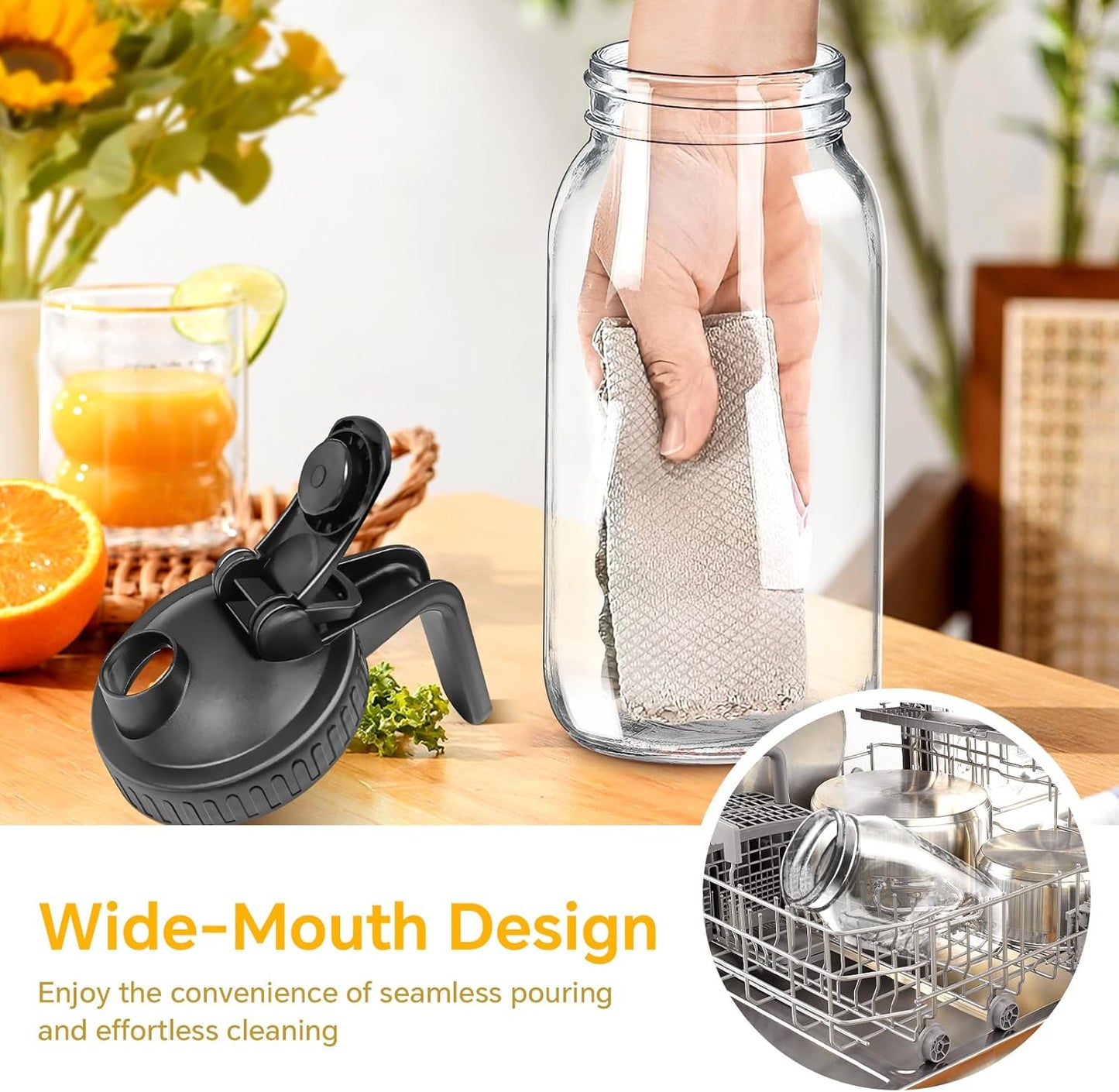 Mason Jar Pitcher, 32 OZ 2 Pack Glass Pitcher with Lid Double Leak-proof with Handle Water Jug Wide Mouth Breast Milk Pitcher Fridge Container for Water, Juice, Iced Coffee, Tea, Juice - Black+Grey