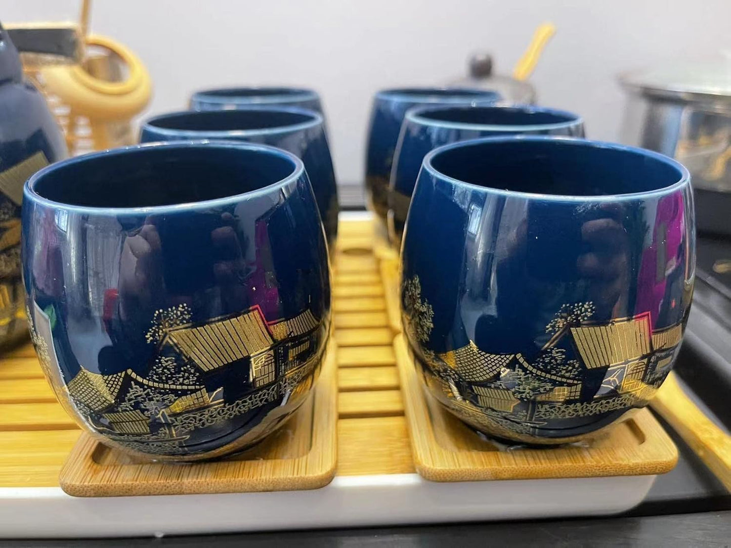 Japanese Tea Set, Black Glazed Tea Set in Gift Box With 1 Teapot, 1 Tea Strainer, 1 Tea Tray and 6 Tea Cups. Ideal Tea Set for Office Home, Asian Tea Sets for Tea Lovers(Country Blue)