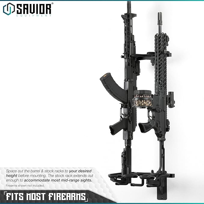 Savior Equipment Wall-Mount Rifle Rack Tactical Shotgun Carbine Firearm Free-Standing Gun Display Indoor Storage Rack - Heavy Duty Steel, Wide Angle Adjustment, 3-Slot Holds up to 75 Lbs