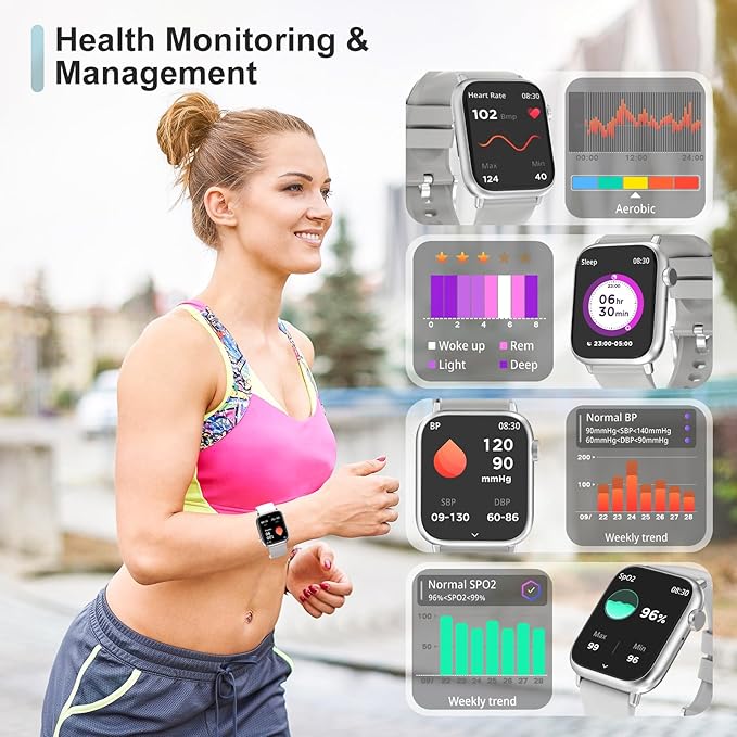 Smart Watch for Man Women Answer/Make Call, Fitness Watch with 120+ Sport Modes, IP67 Waterproof, Heart Rate/Sleep Tracker/Step Tracker/Blood Pressure Health Watch for Android iOS Phone (Silver)