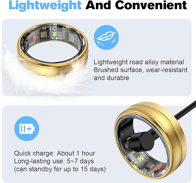 Smart Ring Health Tracker for Men/Women,Fitness Ring Sleep Tracker,Fast Charging for Long-Lasting Use,for Pedometer Exercise,Monitor Sleep, Heart Rate, Stress,Waterproof (Gold, 10)