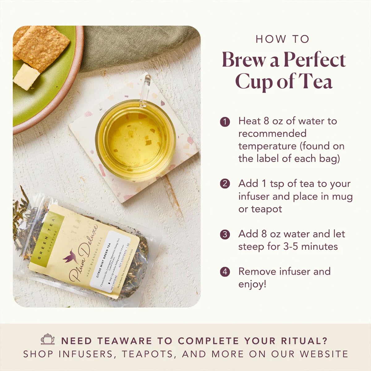 Citrus Mint Green Tea – Refreshing Loose Leaf Blend with Green Tea, Orange, Lemon, Lemongrass and Spearmint – Low Caffeine – Hot or Iced – 60 to 80 Cups – No Added Sugar – Hand Crafted in USA - Plum Deluxe