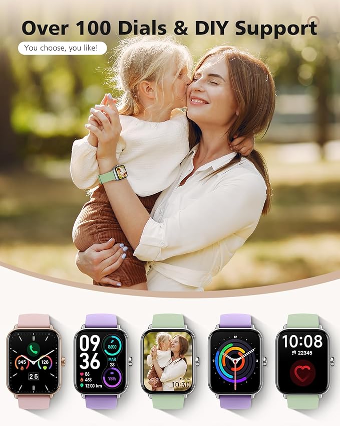 Smart Watch, Compatible with iPhone 9.0 or Above and Android 6.0 or Above, 45mm Men's and Women's Watch, Smartwatch Fitness Tracker, Fits Wrists 5.8-8.7 Inches (160-230mm), Waterproof, Green