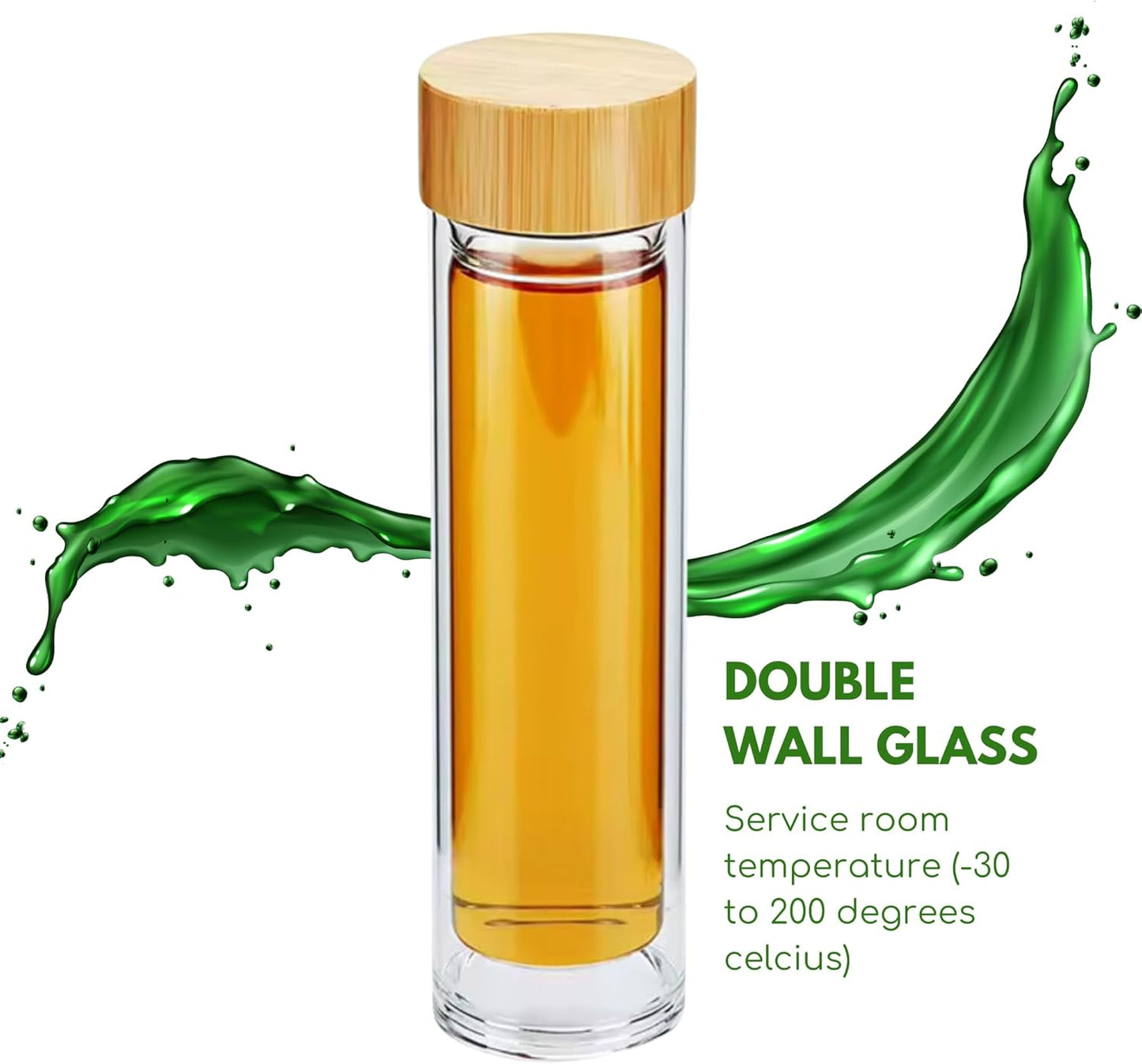 15oz Double Wall Glass Water Bottle with Bamboo Lid and Tea Infuser – Insulated, Leak-Proof, and Eco-Friendly Travel Tea Mug with Filter for Hot or Cold Beverages