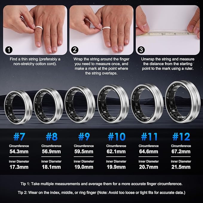 Smart Ring Fitness Tracker for Women Men - Waterproof Health Rings for Sleep Tracker, Heart and Blood Oxygen Monitor, Fitness Ring for Family Care, Health Monitor for Step and Calories Counter(7#)