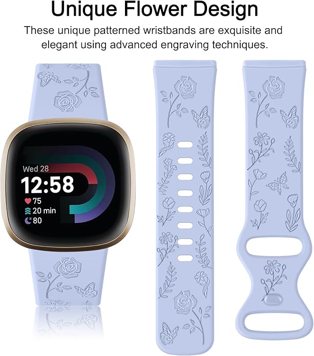 AK Floral Engraved Band Compatible with Fitbit Sense 2 / Sense Bands/Fitbit Versa 4 / Versa 3 Bands Women Men, Soft Sport Replacement Wristbands for Fitbit Sense 2 / Sense/Versa 4 / Versa 3 Smart Watch