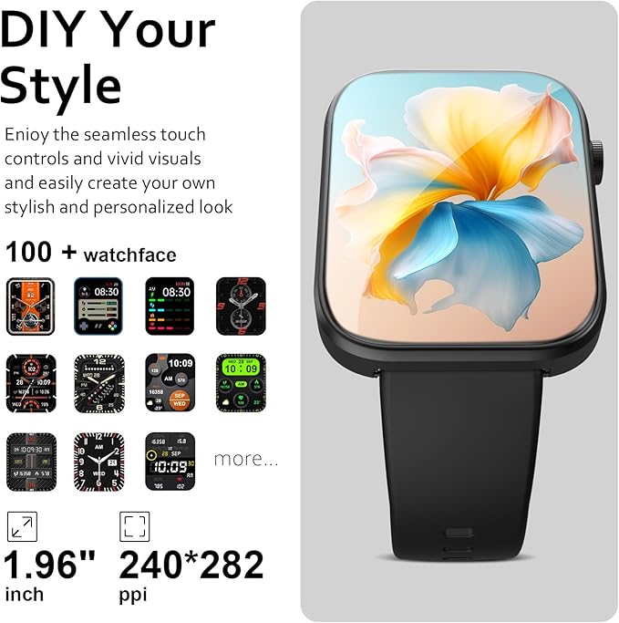 Smart Watch(Answer/Make Call), 1.96" Smart Watch for Men Women IP68 Waterproof, Smartwatch for Android iOS with 100+ Sport Modes, Fitness Tracker, Heart Rate Sleep Monitor, AI Voice