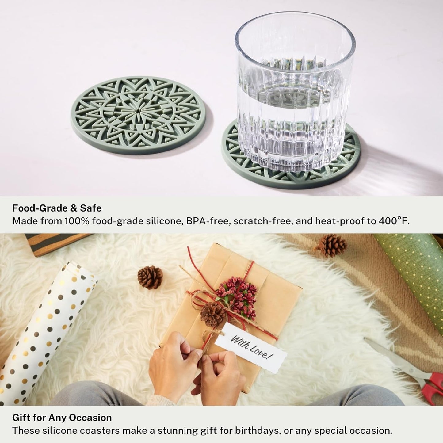 Set of 6 Olive Green Silicone Coasters with Holder, Drink Coasters with Tribal Pattern Shape- for Table Protection, Anti Slip, Nonstick, Heat Resistant, Deep Tray