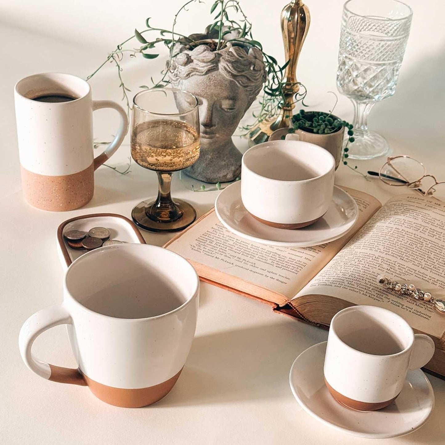 Mora Ceramics 8oz Cappuccino Mug Set of 4 - Ceramic Coffee Cups with Saucers - Microwave and Dishwasher Safe, Perfect For Tea, Espresso, Latte - Porcelain Mugs for Kitchen or Cafe - Vanilla White