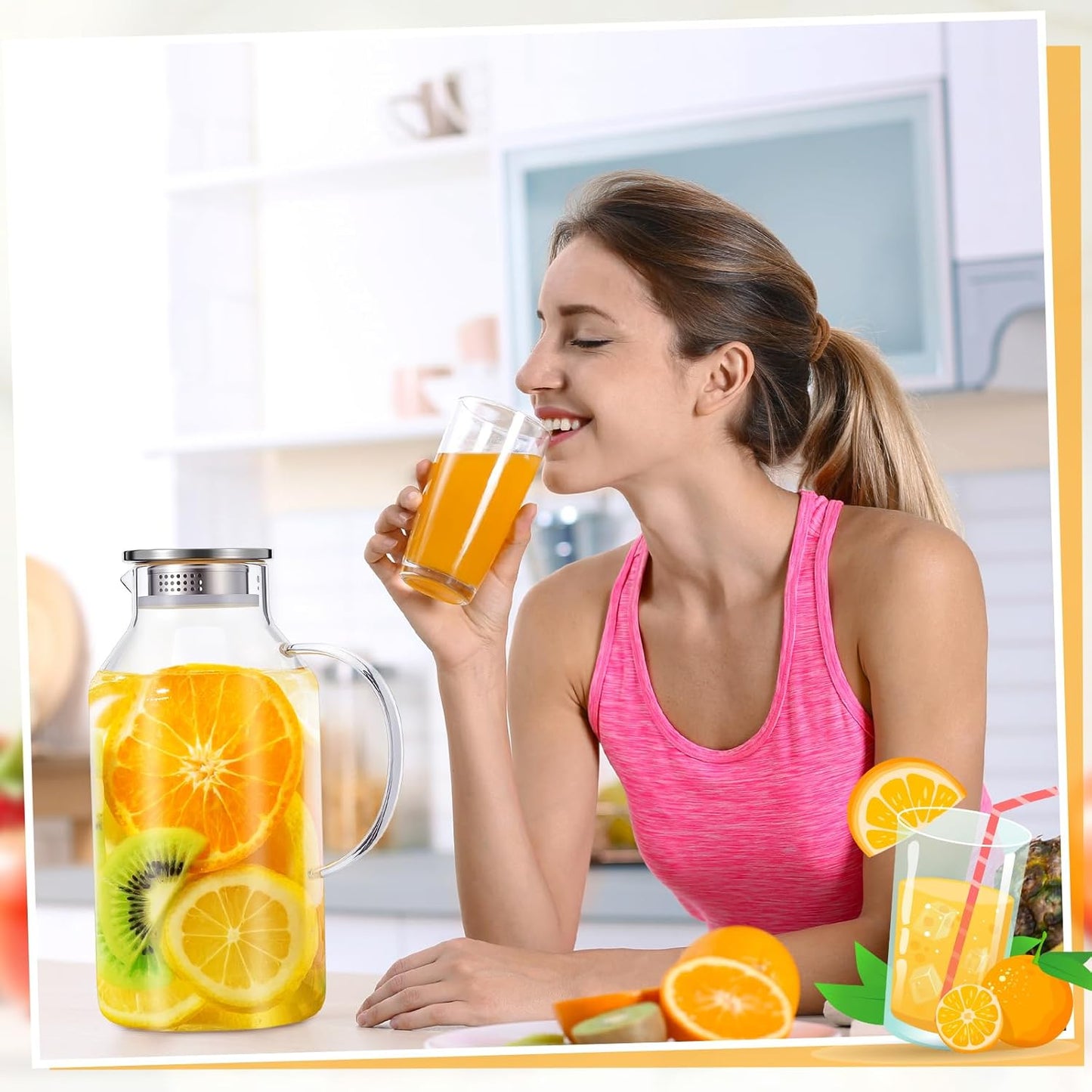 Honeydak 2 Pack 3 Liters 100 oz Column Glass Pitcher with Lid and Handle, Glass Water Jars Carafe Jug for Hot/Cold Drinks, Tea, Beverages, Parties and Picnics