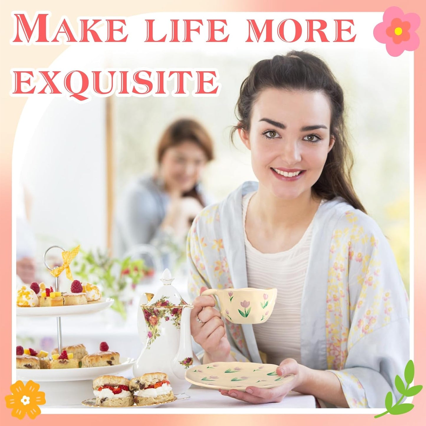 Cappuccino Cups with Saucers 8 oz Latte Art Cup Ceramics Coffee Mugs Irregular Aesthetic Flower Cups for Espresso, Double Shot, Americano, Latte, Tea - Microwave and Dishwasher Safe (Purple Tulips)